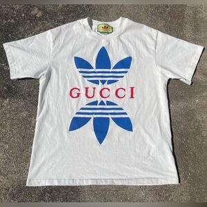 Gucci x Adidas Cotton Jersey White T-Shirt Men’s M Medium Authentic Rare Blue